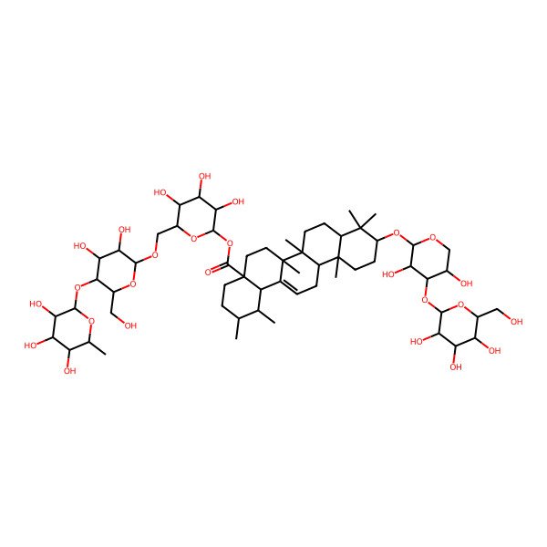2D Structure of [(2S,3R,4S,5S,6R)-6-[[(2R,3R,4R,5S,6R)-3,4-dihydroxy-6-(hydroxymethyl)-5-[(2S,3R,4R,5R,6S)-3,4,5-trihydroxy-6-methyloxan-2-yl]oxyoxan-2-yl]oxymethyl]-3,4,5-trihydroxyoxan-2-yl] (1S,2R,4aS,6aR,6aS,6bR,8aR,10S,12aR,14bS)-10-[(2S,3R,4S,5S)-3,5-dihydroxy-4-[(2S,3R,4S,5S,6R)-3,4,5-trihydroxy-6-(hydroxymethyl)oxan-2-yl]oxyoxan-2-yl]oxy-1,2,6a,6b,9,9,12a-heptamethyl-2,3,4,5,6,6a,7,8,8a,10,11,12,13,14b-tetradecahydro-1H-picene-4a-carboxylate