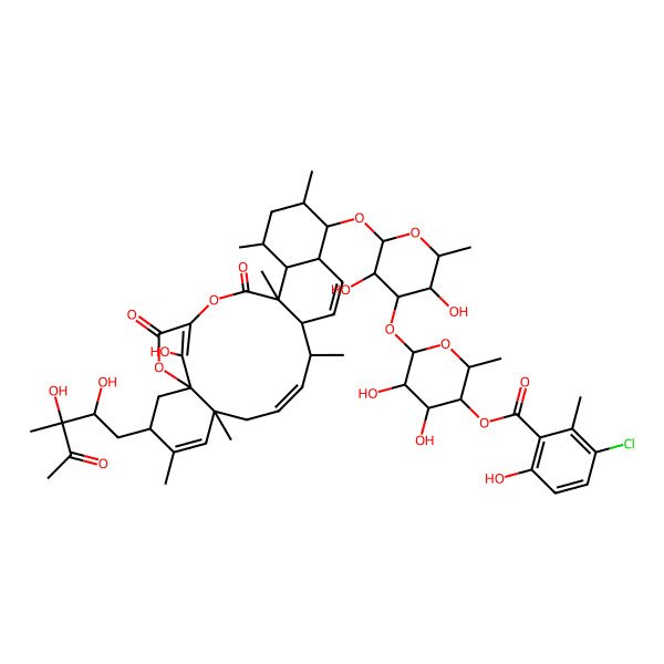 2D Structure of [6-[2-[[3-(2,3-Dihydroxy-3-methyl-4-oxopentyl)-26-hydroxy-4,6,10,16,18,20-hexamethyl-21,24-dioxo-22,25-dioxapentacyclo[21.2.1.01,6.011,20.014,19]hexacosa-4,8,12,23(26)-tetraen-15-yl]oxy]-3,5-dihydroxy-6-methyloxan-4-yl]oxy-4,5-dihydroxy-2-methyloxan-3-yl] 3-chloro-6-hydroxy-2-methylbenzoate