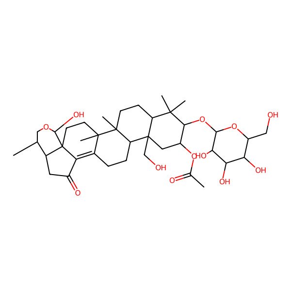 2D Structure of [(1R,2S,5R,7R,8R,10S,11S,18S,19R,22S,23R)-22-hydroxy-10-(hydroxymethyl)-1,2,6,6,19-pentamethyl-16-oxo-7-[(2S,3S,4R,5R,6S)-3,4,5-trihydroxy-6-(hydroxymethyl)oxan-2-yl]oxy-21-oxahexacyclo[12.11.0.02,11.05,10.015,23.018,23]pentacos-14-en-8-yl] acetate