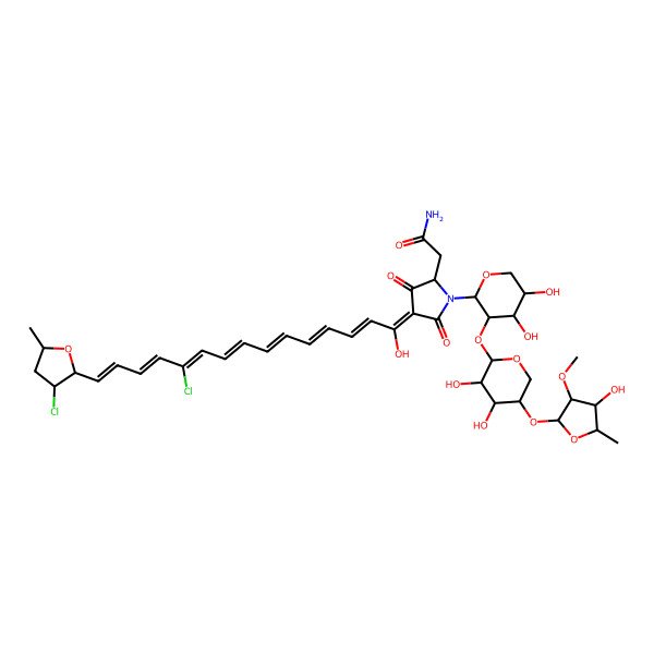 2D Structure of 2-[(2S,4Z)-4-[(2E,4E,6E,8E,10Z,12E,14Z)-11-chloro-15-[(2S,3S,5R)-3-chloro-5-methyloxolan-2-yl]-1-hydroxypentadeca-2,4,6,8,10,12,14-heptaenylidene]-1-[(2R,3R,4S,5R)-3-[(2S,3S,4S,5R)-3,4-dihydroxy-5-[(2S,3S,4R,5R)-4-hydroxy-3-methoxy-5-methyloxolan-2-yl]oxyoxan-2-yl]oxy-4,5-dihydroxyoxan-2-yl]-3,5-dioxopyrrolidin-2-yl]acetamide