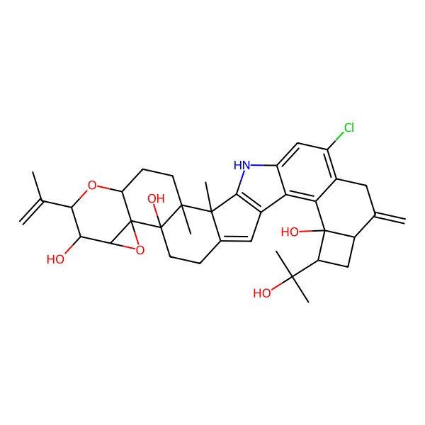 2D Structure of (2S,3R,6S,8R,9S,10R,12R,13S,21S,22R,24R)-28-chloro-22-(2-hydroxypropan-2-yl)-2,3-dimethyl-25-methylidene-8-prop-1-en-2-yl-7,11-dioxa-31-azanonacyclo[16.13.0.02,16.03,13.06,12.010,12.019,30.020,27.021,24]hentriaconta-1(18),16,19,27,29-pentaene-9,13,21-triol