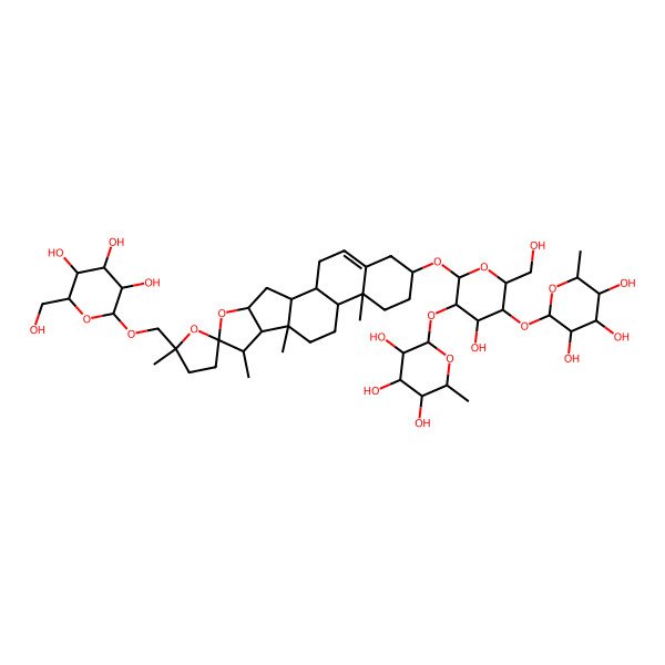 2D Structure of (2S,3R,4R,5R,6S)-2-[(2R,3R,4S,5R,6R)-4-hydroxy-2-(hydroxymethyl)-6-[(1S,2S,4S,5'S,6S,7S,8R,9S,12S,13R,16S)-5',7,9,13-tetramethyl-5'-[[(2R,3R,4S,5S,6R)-3,4,5-trihydroxy-6-(hydroxymethyl)oxan-2-yl]oxymethyl]spiro[5-oxapentacyclo[10.8.0.02,9.04,8.013,18]icos-18-ene-6,2'-oxolane]-16-yl]oxy-5-[(2S,3R,4R,5R,6S)-3,4,5-trihydroxy-6-methyloxan-2-yl]oxyoxan-3-yl]oxy-6-methyloxane-3,4,5-triol