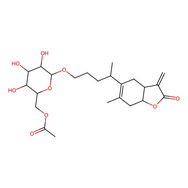 2D Structure of [(2R,3S,4S,5R,6R)-6-[(4S)-4-[(3aR,7aR)-6-methyl-3-methylidene-2-oxo-3a,4,7,7a-tetrahydro-1-benzofuran-5-yl]pentoxy]-3,4,5-trihydroxyoxan-2-yl]methyl acetate