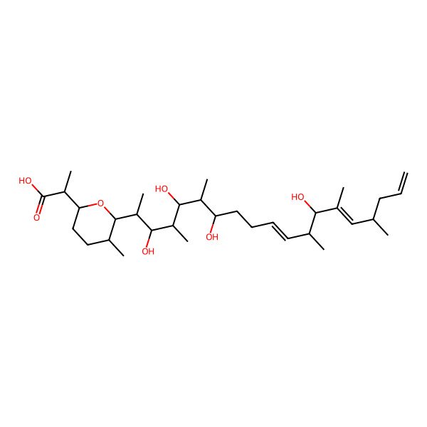 2D Structure of 2-[5-Methyl-6-(3,5,7,13-tetrahydroxy-4,6,12,14,16-pentamethylnonadeca-10,14,18-trien-2-yl)oxan-2-yl]propanoic acid