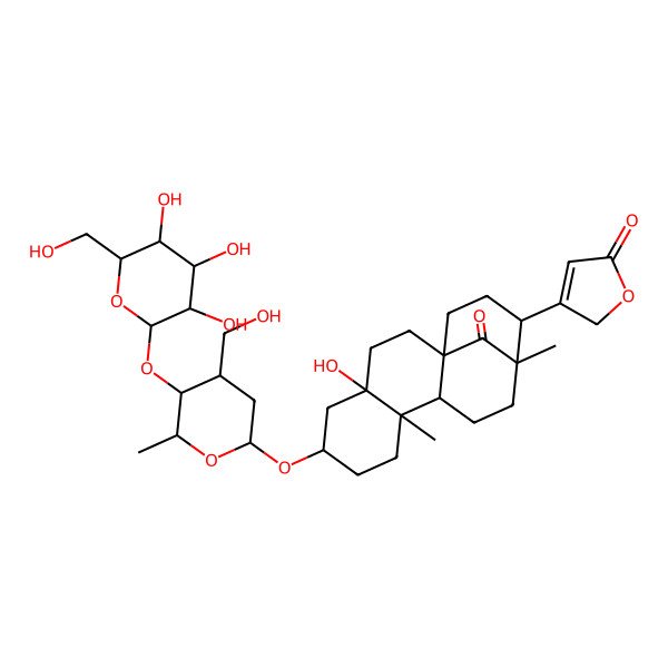 2D Structure of 3-[(1R,4S,6S,9R,13R,14R)-4-hydroxy-6-[(2R,4S,5S,6R)-4-(hydroxymethyl)-6-methyl-5-[(2R,3R,4S,5S,6R)-3,4,5-trihydroxy-6-(hydroxymethyl)oxan-2-yl]oxyoxan-2-yl]oxy-9,13-dimethyl-17-oxo-14-tetracyclo[11.3.1.01,10.04,9]heptadecanyl]-2H-furan-5-one
