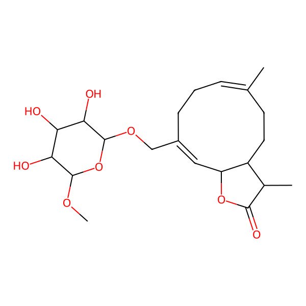 2D Structure of (3S,3aS,6E,10Z,11aS)-3,6-dimethyl-10-[[(2S,3S,4R,5R,6R)-3,4,5-trihydroxy-6-methoxyoxan-2-yl]oxymethyl]-3a,4,5,8,9,11a-hexahydro-3H-cyclodeca[b]furan-2-one