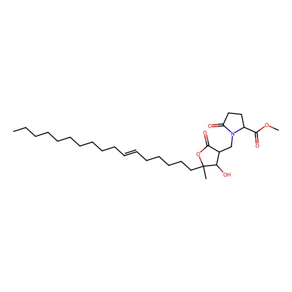 2D Structure of methyl (2R)-1-[[(3S,4S,5R)-5-[(E)-heptadec-6-enyl]-4-hydroxy-5-methyl-2-oxooxolan-3-yl]methyl]-5-oxopyrrolidine-2-carboxylate