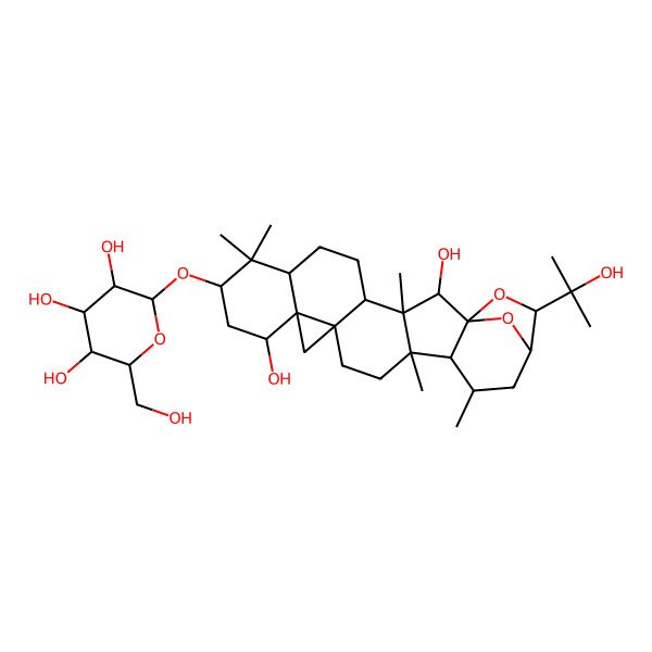 2D Structure of 2-[[2,11-Dihydroxy-22-(2-hydroxypropan-2-yl)-3,8,8,17,19-pentamethyl-23,24-dioxaheptacyclo[19.2.1.01,18.03,17.04,14.07,12.012,14]tetracosan-9-yl]oxy]-6-(hydroxymethyl)oxane-3,4,5-triol