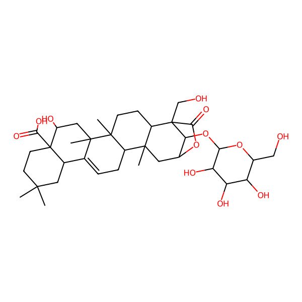 2D Structure of 8-Hydroxy-1-(hydroxymethyl)-5,6,12,12,19-pentamethyl-23-oxo-24-[3,4,5-trihydroxy-6-(hydroxymethyl)oxan-2-yl]oxy-22-oxahexacyclo[19.2.1.02,19.05,18.06,15.09,14]tetracos-15-ene-9-carboxylic acid