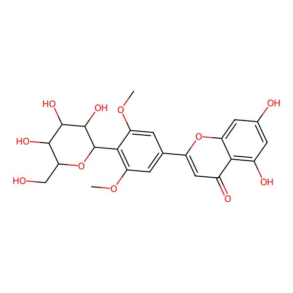 2D Structure of 2-[3,5-dimethoxy-4-[(2R,3S,5S)-3,4,5-trihydroxy-6-(hydroxymethyl)oxan-2-yl]phenyl]-5,7-dihydroxychromen-4-one