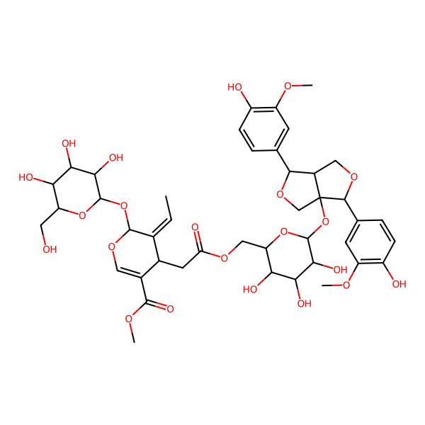 2D Structure of methyl 4-[2-[[6-[[3,6-bis(4-hydroxy-3-methoxyphenyl)-3,4,6,6a-tetrahydro-1H-furo[3,4-c]furan-3a-yl]oxy]-3,4,5-trihydroxyoxan-2-yl]methoxy]-2-oxoethyl]-5-ethylidene-6-[3,4,5-trihydroxy-6-(hydroxymethyl)oxan-2-yl]oxy-4H-pyran-3-carboxylate