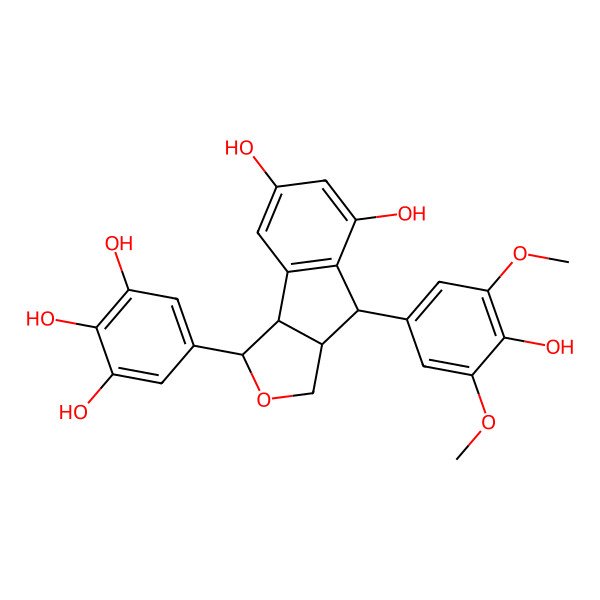 2D Structure of 5-[5,7-dihydroxy-4-(4-hydroxy-3,5-dimethoxyphenyl)-3,3a,4,8b-tetrahydro-1H-indeno[1,2-c]furan-1-yl]benzene-1,2,3-triol