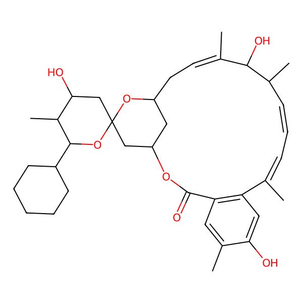 2D Structure of 6'-Cyclohexyl-4',7,15-trihydroxy-5',6,10,14,16-pentamethylspiro[2,20-dioxatricyclo[17.3.1.04,9]tricosa-4(9),5,7,10,12,16-hexaene-21,2'-oxane]-3-one