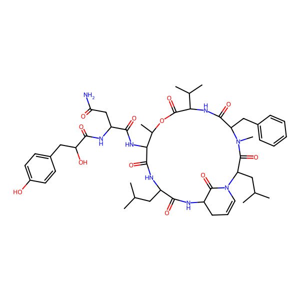 2D Structure of N-[5-benzyl-4,11-dimethyl-2,15-bis(2-methylpropyl)-3,6,9,13,16,22-hexaoxo-8-propan-2-yl-10-oxa-1,4,7,14,17-pentazabicyclo[16.3.1]docos-20-en-12-yl]-2-[[2-hydroxy-3-(4-hydroxyphenyl)propanoyl]amino]butanediamide