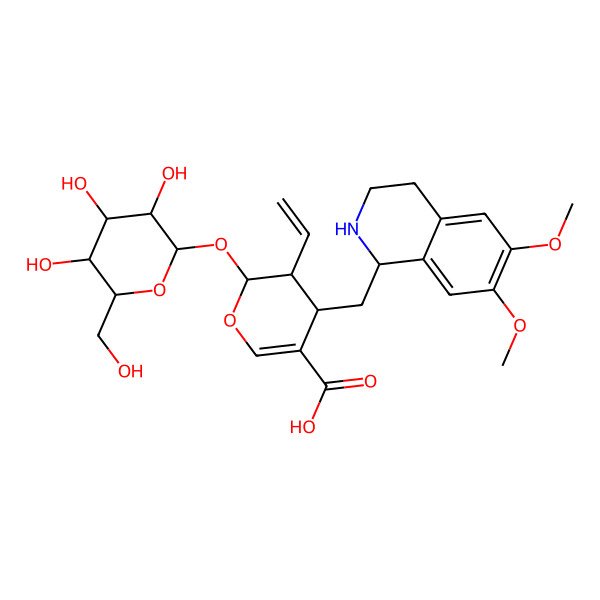 2D Structure of 4-[(6,7-dimethoxy-1,2,3,4-tetrahydroisoquinolin-1-yl)methyl]-3-ethenyl-2-[3,4,5-trihydroxy-6-(hydroxymethyl)oxan-2-yl]oxy-3,4-dihydro-2H-pyran-5-carboxylic acid