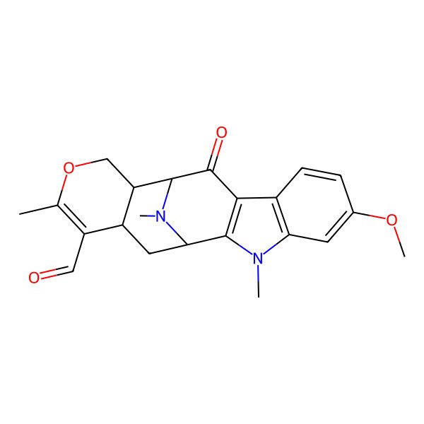 2D Structure of 6-Methoxy-3,16,20-trimethyl-11-oxo-15-oxa-3,20-diazapentacyclo[10.7.1.02,10.04,9.013,18]icosa-2(10),4(9),5,7,16-pentaene-17-carbaldehyde