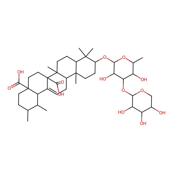2D Structure of (1S,2R,4aS,6aR,6aR,6bR,8aR,10S,12aR,14bS)-10-[(2R,3R,4R,5S,6S)-3,5-dihydroxy-6-methyl-4-[(2S,3R,4S,5R)-3,4,5-trihydroxyoxan-2-yl]oxyoxan-2-yl]oxy-1,2,6b,9,9,12a-hexamethyl-2,3,4,5,6,6a,7,8,8a,10,11,12,13,14b-tetradecahydro-1H-picene-4a,6a-dicarboxylic acid