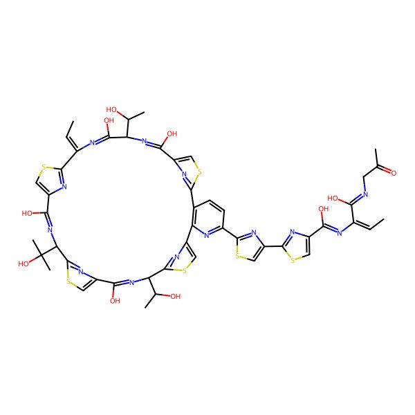 2D Structure of 2-[2-[(12R,19S,26Z,29S)-26-ethylidene-14,21,28,31-tetrahydroxy-29-[(1R)-1-hydroxyethyl]-12-[(1S)-1-hydroxyethyl]-19-(2-hydroxypropan-2-yl)-10,17,24,34-tetrathia-6,13,20,27,30,35,36,37,38-nonazahexacyclo[30.2.1.18,11.115,18.122,25.02,7]octatriaconta-1(35),2(7),3,5,8,11(38),13,15,18(37),20,22,25(36),27,30,32-pentadecaen-5-yl]-1,3-thiazol-4-yl]-N-[(Z)-1-hydroxy-1-(2-oxopropylimino)but-2-en-2-yl]-1,3-thiazole-4-carboximidic acid