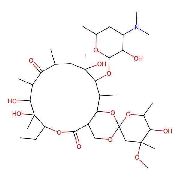 2D Structure of (1R,4R,4'R,5S,5'R,6R,6'R,7R,9R,11R,12R,13S,14S,16R)-12-[(2R,3S,4R,6S)-4-(dimethylamino)-3-hydroxy-6-methyloxan-2-yl]oxy-4-ethyl-5,5',6,11-tetrahydroxy-4'-methoxy-4',5,6',7,9,11,13-heptamethylspiro[3,15,17-trioxabicyclo[12.4.0]octadecane-16,2'-oxane]-2,8-dione
