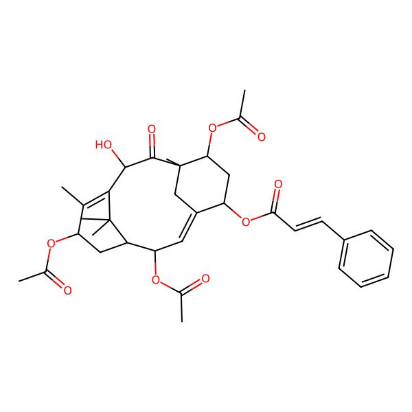 2D Structure of [(1S,8S)-2,7,13-triacetyloxy-10-hydroxy-8,12,15,15-tetramethyl-9-oxo-5-tricyclo[9.3.1.14,8]hexadeca-3,11-dienyl] 3-phenylprop-2-enoate