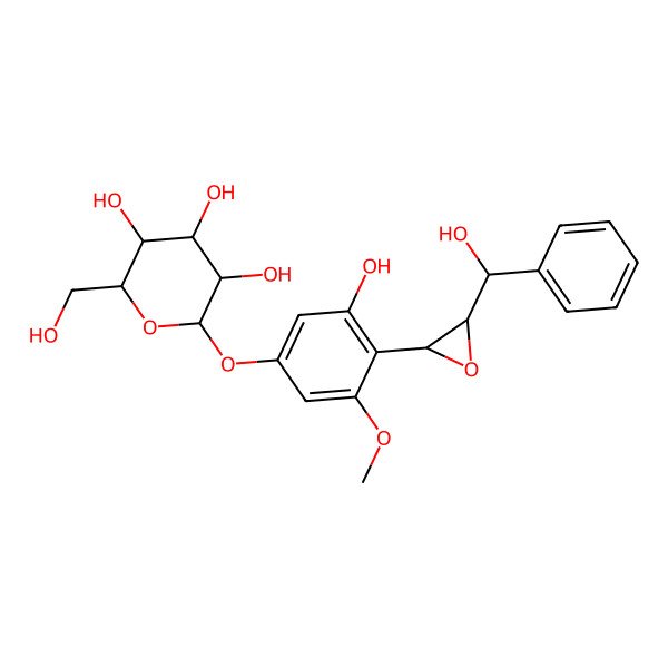 2D Structure of 2-[3-Hydroxy-4-[3-[hydroxy(phenyl)methyl]oxiran-2-yl]-5-methoxyphenoxy]-6-(hydroxymethyl)oxane-3,4,5-triol