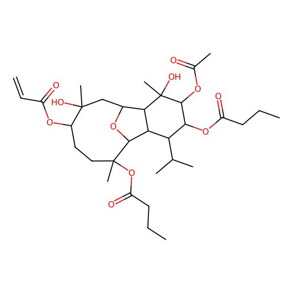 2D Structure of [(1R,2R,3R,4S,5R,6S,7S,8R,10S,11S,14S)-5-acetyloxy-14-butanoyloxy-6,10-dihydroxy-6,10,14-trimethyl-3-propan-2-yl-11-prop-2-enoyloxy-15-oxatricyclo[6.6.1.02,7]pentadecan-4-yl] butanoate