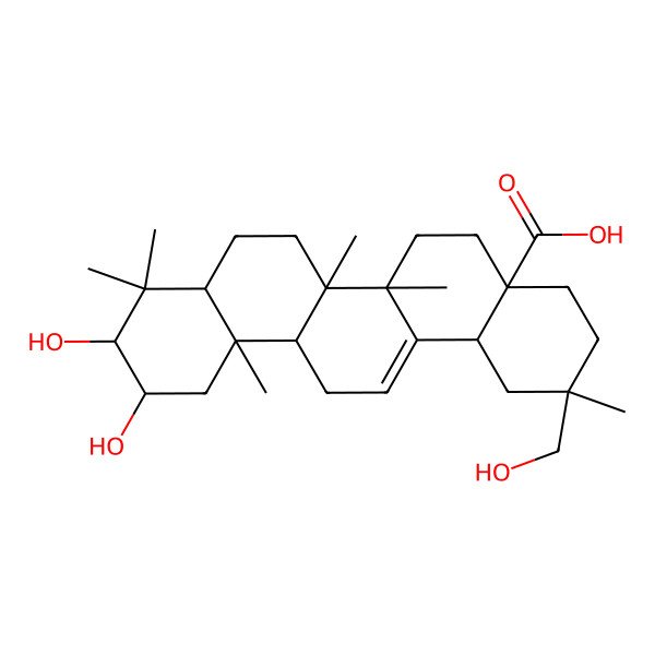 2D Structure of (2R,4aR,6aR,6aS,6bR,8aR,10S,11R,12aR,14bS)-10,11-dihydroxy-2-(hydroxymethyl)-2,6a,6b,9,9,12a-hexamethyl-1,3,4,5,6,6a,7,8,8a,10,11,12,13,14b-tetradecahydropicene-4a-carboxylic acid