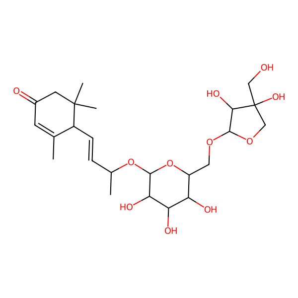 2D Structure of (4R)-4-[(E,3R)-3-[(2S,3R,4S,5S,6R)-6-[[(2R,3R,4R)-3,4-dihydroxy-4-(hydroxymethyl)oxolan-2-yl]oxymethyl]-3,4,5-trihydroxyoxan-2-yl]oxybut-1-enyl]-3,5,5-trimethylcyclohex-2-en-1-one