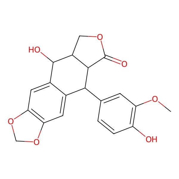 2D Structure of 5-hydroxy-9-(4-hydroxy-3-methoxyphenyl)-5a,6,8a,9-tetrahydro-5H-[2]benzofuro[5,6-f][1,3]benzodioxol-8-one