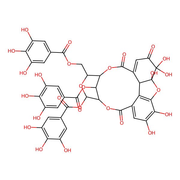 2D Structure of [6,7,11,12,12-Pentahydroxy-3,13,16-trioxo-21,22-bis[(3,4,5-trihydroxybenzoyl)oxy]-2,17,20,23-tetraoxapentacyclo[16.3.1.18,11.04,9.010,15]tricosa-4,6,8,14-tetraen-19-yl]methyl 3,4,5-trihydroxybenzoate