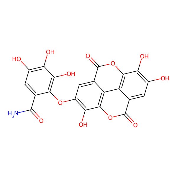 2D Structure of 3,4,5-Trihydroxy-2-[(7,13,14-trihydroxy-3,10-dioxo-2,9-dioxatetracyclo[6.6.2.04,16.011,15]hexadeca-1(15),4,6,8(16),11,13-hexaen-6-yl)oxy]benzamide