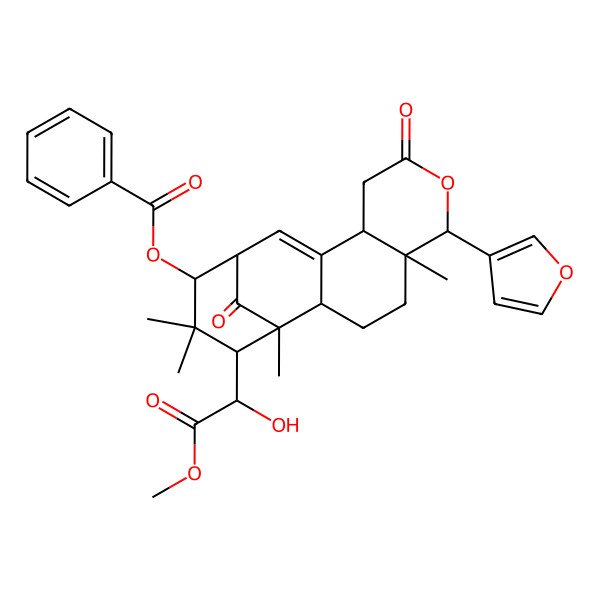2D Structure of [6-(Furan-3-yl)-16-(1-hydroxy-2-methoxy-2-oxoethyl)-1,5,15,15-tetramethyl-8,17-dioxo-7-oxatetracyclo[11.3.1.02,11.05,10]heptadec-11-en-14-yl] benzoate
