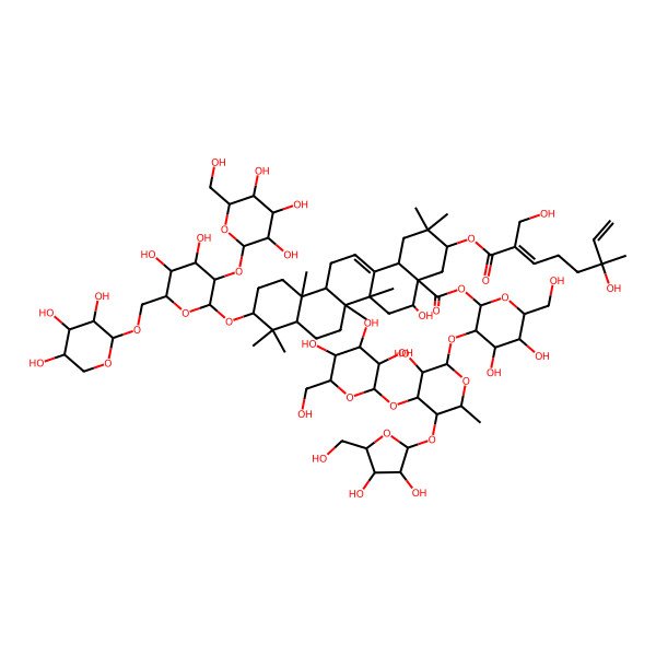 2D Structure of [(2S,3R,4S,5S,6R)-3-[(2S,3R,4S,5S,6S)-5-[(2S,3R,4R,5S)-3,4-dihydroxy-5-(hydroxymethyl)oxolan-2-yl]oxy-3-hydroxy-6-methyl-4-[(2S,3R,4S,5S,6R)-3,4,5-trihydroxy-6-(hydroxymethyl)oxan-2-yl]oxyoxan-2-yl]oxy-4,5-dihydroxy-6-(hydroxymethyl)oxan-2-yl] (4aR,5R,6aR,6aS,6bR,8aR,10S,12aR,14bS)-10-[(2R,3R,4S,5S,6R)-4,5-dihydroxy-3-[(2S,3R,4S,5S,6R)-3,4,5-trihydroxy-6-(hydroxymethyl)oxan-2-yl]oxy-6-[[(2S,3R,4S,5S)-3,4,5-trihydroxyoxan-2-yl]oxymethyl]oxan-2-yl]oxy-5-hydroxy-3-[(2E)-6-hydroxy-2-(hydroxymethyl)-6-methylocta-2,7-dienoyl]oxy-2,2,6a,6b,9,9,12a-heptamethyl-1,3,4,5,6,6a,7,8,8a,10,11,12,13,14b-tetradecahydropicene-4a-carboxylate