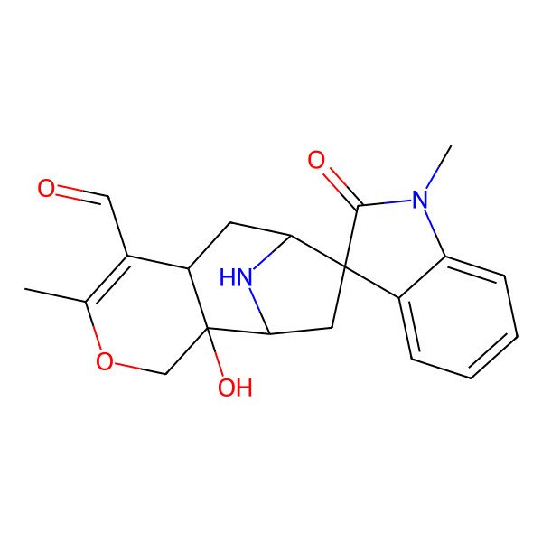 2D Structure of (1R,2S,7S,9R,10S)-2-hydroxy-1',5-dimethyl-2'-oxospiro[4-oxa-12-azatricyclo[7.2.1.02,7]dodec-5-ene-10,3'-indole]-6-carbaldehyde