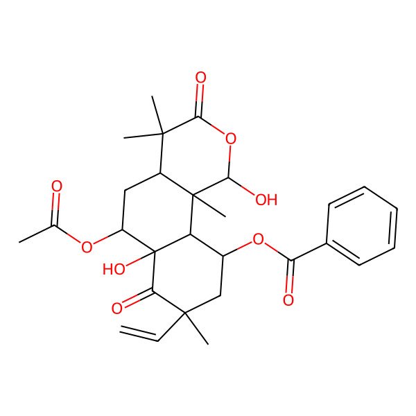 2D Structure of (6-acetyloxy-8-ethenyl-1,6a-dihydroxy-4,4,8,10b-tetramethyl-3,7-dioxo-4a,5,6,9,10,10a-hexahydro-1H-benzo[h]isochromen-10-yl) benzoate
