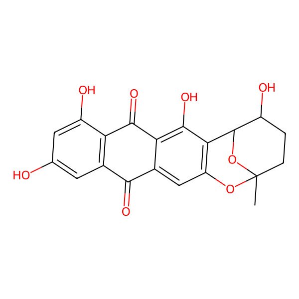 2D Structure of 3,7,9,20-Tetrahydroxy-17-methyl-16,21-dioxapentacyclo[15.3.1.02,15.04,13.06,11]henicosa-2(15),3,6(11),7,9,13-hexaene-5,12-dione