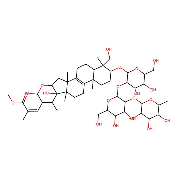 2D Structure of Methyl 3-[17-[3-[4,5-dihydroxy-6-(hydroxymethyl)-3-(3,4,5-trihydroxy-6-methyloxan-2-yl)oxyoxan-2-yl]oxy-4,5-dihydroxy-6-(hydroxymethyl)oxan-2-yl]oxy-6,9-dihydroxy-18-(hydroxymethyl)-2,8,10,14,18-pentamethyl-5-oxapentacyclo[11.8.0.02,10.04,9.014,19]henicos-1(13)-en-7-yl]-2-methylprop-2-enoate