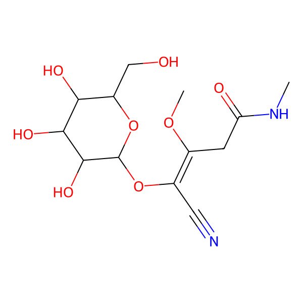 2D Structure of (Z)-4-cyano-3-methoxy-N-methyl-4-[(2S,3R,4S,5S,6R)-3,4,5-trihydroxy-6-(hydroxymethyl)oxan-2-yl]oxybut-3-enamide