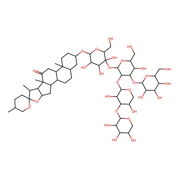 2D Structure of (18S)-16-[(2R,3S,5S)-5-[(2S,3S,5S)-3-[(3R,4S,5R)-3,5-dihydroxy-4-[(3R,4S,5R)-3,4,5-trihydroxyoxan-2-yl]oxyoxan-2-yl]oxy-5-hydroxy-6-(hydroxymethyl)-4-[(2S,3S,5R)-3,4,5-trihydroxy-6-(hydroxymethyl)oxan-2-yl]oxyoxan-2-yl]oxy-3,4,5-trihydroxy-6-(hydroxymethyl)oxan-2-yl]oxy-5',7,9,13-tetramethylspiro[5-oxapentacyclo[10.8.0.02,9.04,8.013,18]icosane-6,2'-oxane]-10-one