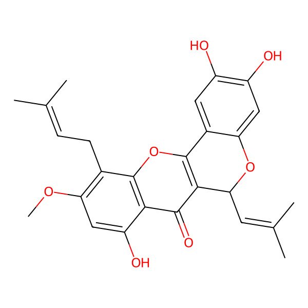2D Structure of (6R)-2,3,8-trihydroxy-10-methoxy-11-(3-methylbut-2-enyl)-6-(2-methylprop-1-enyl)-6H-chromeno[4,3-b]chromen-7-one