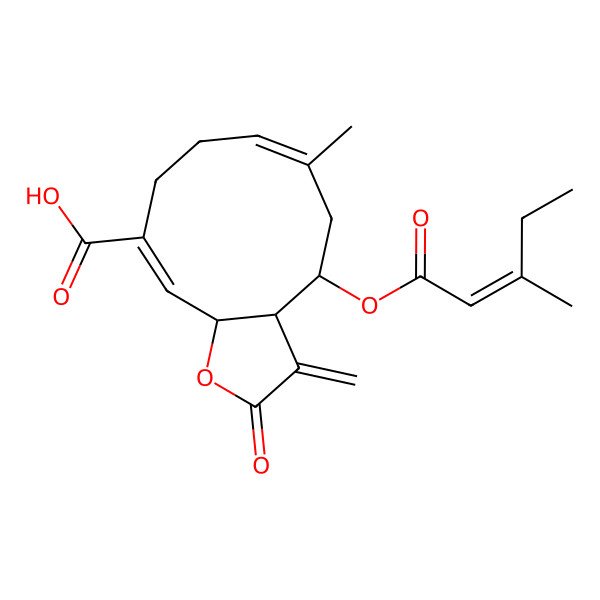 2D Structure of (3aR,4R,6E,10Z,11aR)-6-methyl-3-methylidene-4-[(E)-3-methylpent-2-enoyl]oxy-2-oxo-3a,4,5,8,9,11a-hexahydrocyclodeca[b]furan-10-carboxylic acid