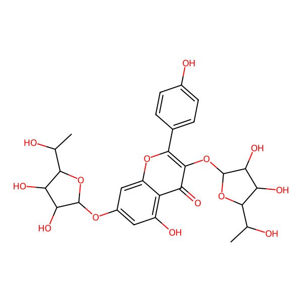 2D Structure of 7-[(2S,3S,4R,5R)-3,4-dihydroxy-5-[(1S)-1-hydroxyethyl]oxolan-2-yl]oxy-3-[(2R,3S,4R,5R)-3,4-dihydroxy-5-[(1S)-1-hydroxyethyl]oxolan-2-yl]oxy-5-hydroxy-2-(4-hydroxyphenyl)chromen-4-one