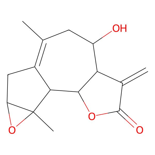 2D Structure of (1S,2S,6R,7S,12R,14S)-7-hydroxy-9,14-dimethyl-5-methylidene-3,13-dioxatetracyclo[8.4.0.02,6.012,14]tetradec-9-en-4-one