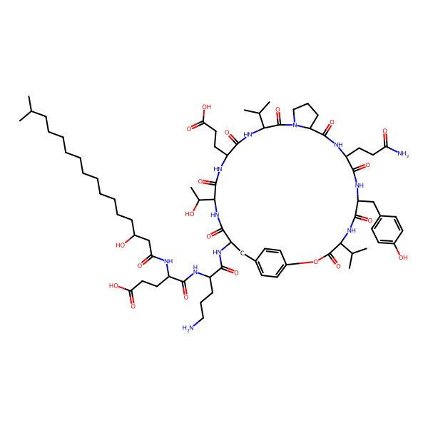 2D Structure of 5-[[5-Amino-1-[[10-(3-amino-3-oxopropyl)-22-(2-carboxyethyl)-25-(1-hydroxyethyl)-7-[(4-hydroxyphenyl)methyl]-3,6,9,12,18,21,24,27-octaoxo-4,19-di(propan-2-yl)-2-oxa-5,8,11,17,20,23,26-heptazatricyclo[28.2.2.013,17]tetratriaconta-1(33),30(34),31-trien-28-yl]amino]-1-oxopentan-2-yl]amino]-4-[(3-hydroxy-15-methylhexadecanoyl)amino]-5-oxopentanoic acid