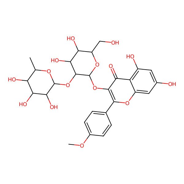 2D Structure of 3-[(2S,3R,4S,5R,6R)-4,5-dihydroxy-6-(hydroxymethyl)-3-[(2S,3S,4R,5R,6S)-3,4,5-trihydroxy-6-methyloxan-2-yl]oxyoxan-2-yl]oxy-5,7-dihydroxy-2-(4-methoxyphenyl)chromen-4-one