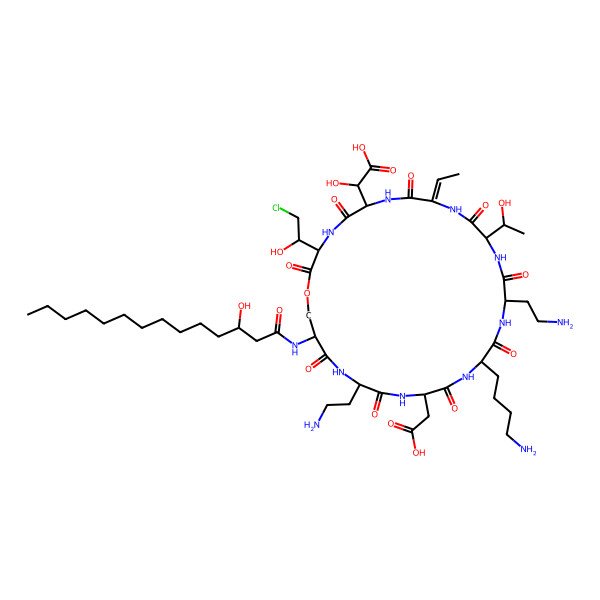 2D Structure of 2-[18-(4-Aminobutyl)-15,24-bis(2-aminoethyl)-21-(carboxymethyl)-3-(2-chloro-1-hydroxyethyl)-9-ethylidene-12-(1-hydroxyethyl)-27-(3-hydroxytetradecanoylamino)-2,5,8,11,14,17,20,23,26-nonaoxo-1-oxa-4,7,10,13,16,19,22,25-octazacyclooctacos-6-yl]-2-hydroxyacetic acid
