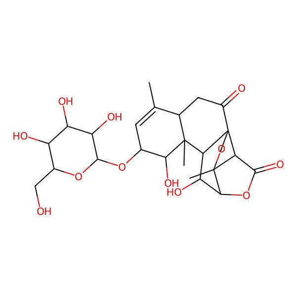 2D Structure of (1R,4S,5R,8S,9R,10R,11S,12S,13S,16S)-9,12-dihydroxy-4,11,15-trimethyl-13-[(2R,3R,4S,5S,6R)-3,4,5-trihydroxy-6-(hydroxymethyl)oxan-2-yl]oxy-3,7-dioxapentacyclo[8.8.0.01,5.04,8.011,16]octadec-14-ene-6,18-dione