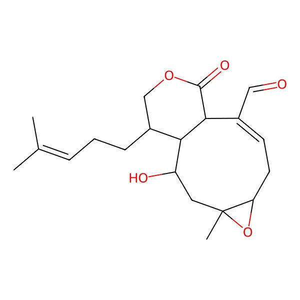 2D Structure of 2-Hydroxy-4-methyl-14-(4-methylpent-3-enyl)-11-oxo-5,12-dioxatricyclo[8.4.0.04,6]tetradec-8-ene-9-carbaldehyde