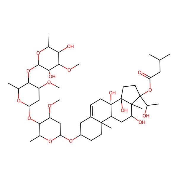2D Structure of [(3S,8S,9R,10R,12R,13S,14S,17S)-3-[(2R,4S,5R,6R)-5-[(2S,4S,5R,6R)-5-[(2S,3R,4S,5R,6R)-3,5-dihydroxy-4-methoxy-6-methyloxan-2-yl]oxy-4-methoxy-6-methyloxan-2-yl]oxy-4-methoxy-6-methyloxan-2-yl]oxy-8,12,14-trihydroxy-17-(1-hydroxyethyl)-10,13-dimethyl-1,2,3,4,7,9,11,12,15,16-decahydrocyclopenta[a]phenanthren-17-yl] 3-methylbutanoate