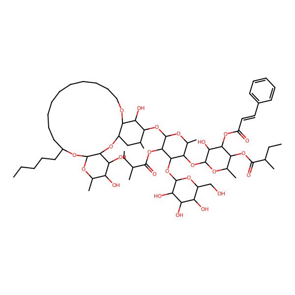2D Structure of [(2S,3S,4S,5R,6S)-5-hydroxy-2-methyl-6-[(2S,3S,4R,5R,6S)-2-methyl-5-[(2S)-2-methylbutanoyl]oxy-6-[[(1S,3R,4S,5R,6R,8R,10S,22R,23R,24R,25S)-4,5,23-trihydroxy-6,25-dimethyl-10-pentyl-2,7,9,21-tetraoxatricyclo[20.4.0.03,8]hexacosan-24-yl]oxy]-4-[(2S,3R,4S,5S,6R)-3,4,5-trihydroxy-6-(hydroxymethyl)oxan-2-yl]oxyoxan-3-yl]oxy-4-[(E)-3-phenylprop-2-enoyl]oxyoxan-3-yl] (2S)-2-methylbutanoate